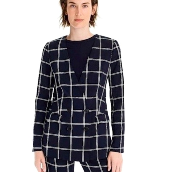 NEW J Crew 365 Navy White Windowpane Check Double Breasted Blazer Jacket 00 NWT - Picture 2 of 16